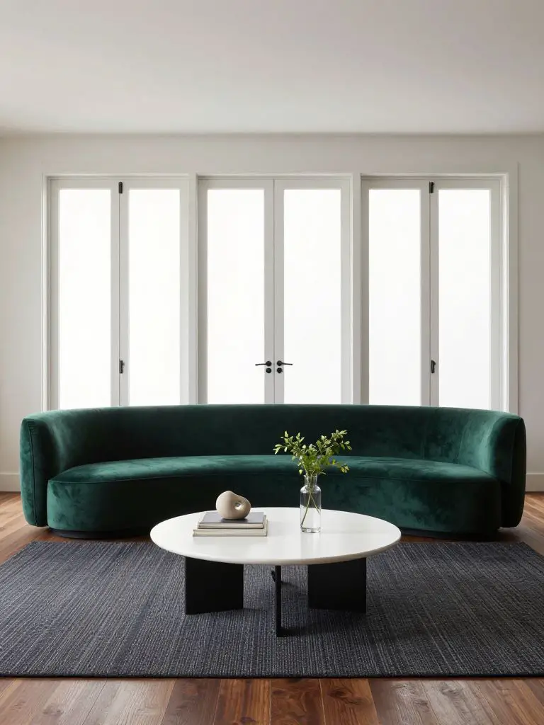 A stylish minimalist living room featuring a dramatic curved emerald velvet sectional as the hero subject, positioned centrally beneath a wa.
