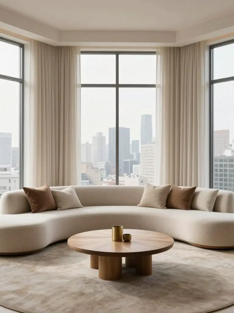 A curved neutral sectional sofa arranged in a high-rise minimalist living room with floor-to-ceiling windows.
