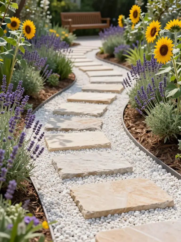 A curved garden pathway designed in Modern Rustic style, featuring large natural stepping stones set within white gravel and bordered by blo.