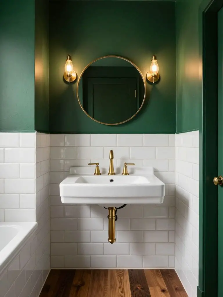 A compact dark green bathroom featuring crisp white subway tiles on the lower half of the walls and deep emerald paint above, creating stron.