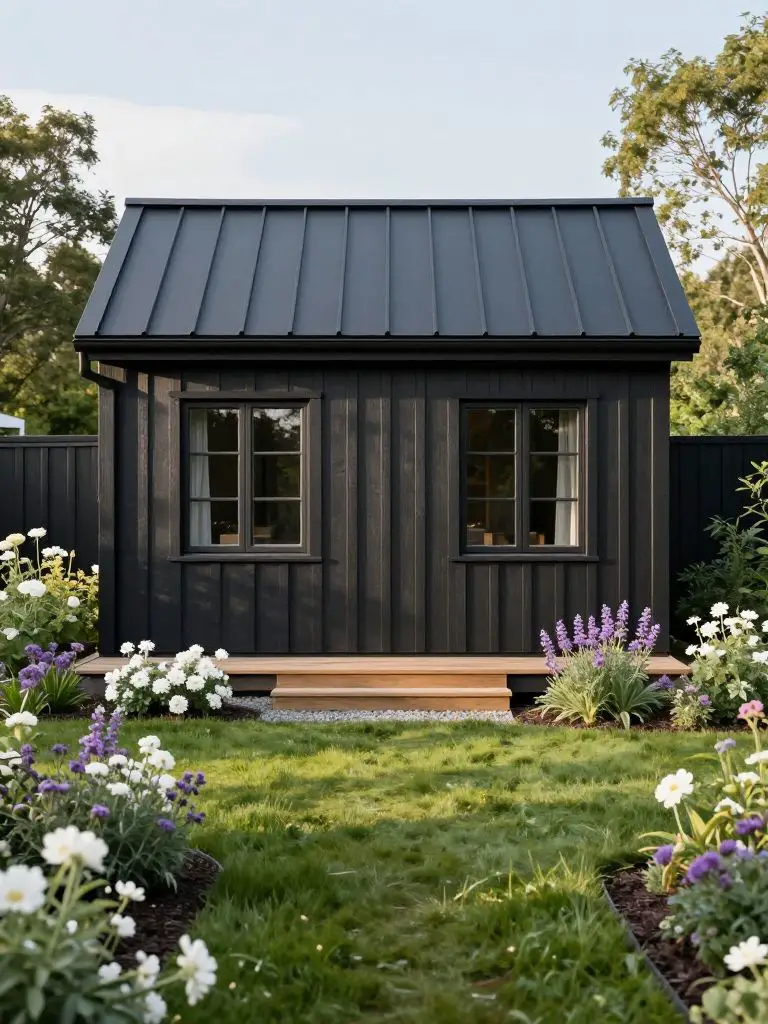 A dark charcoal-painted small cabin idea surrounded by lush green lawn and blooming garden borders.