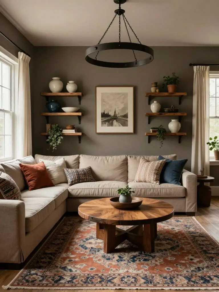 A dark neutral boho country living room with a rich taupe accent wall and floating reclaimed wood shelves styled with ceramics, framed art.