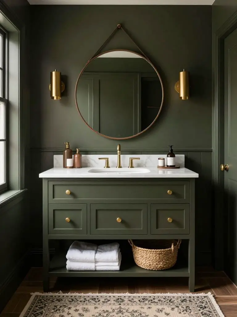 A dark olive green vanity bathroom with dramatic round mirror centerpiece in a Warm Minimalist and Modern Rustic blend.