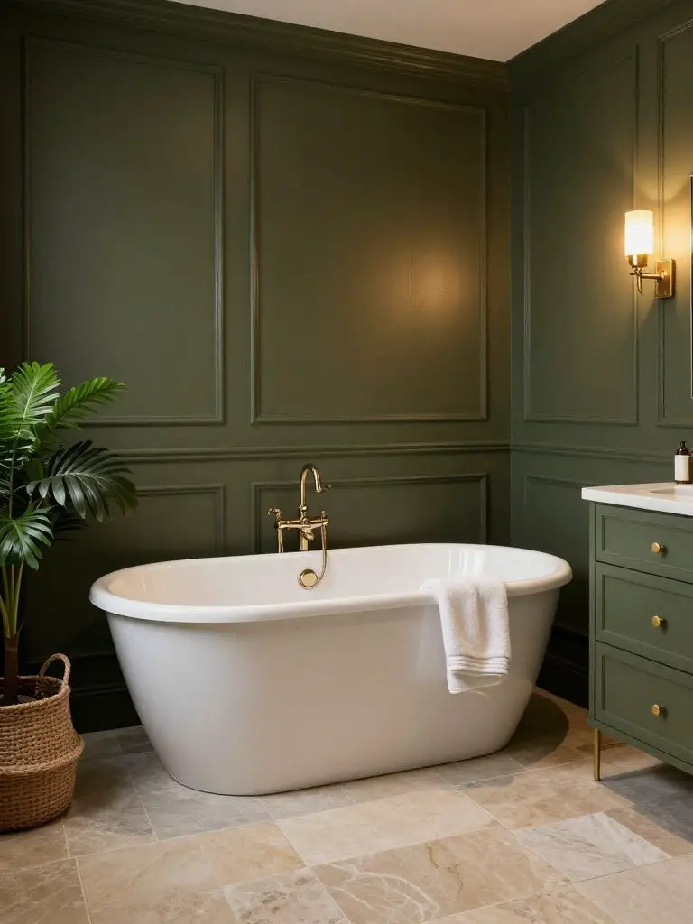 A dark olive green paneled bathroom with classic wall molding and a freestanding white soaking tub positioned slightly left of center.