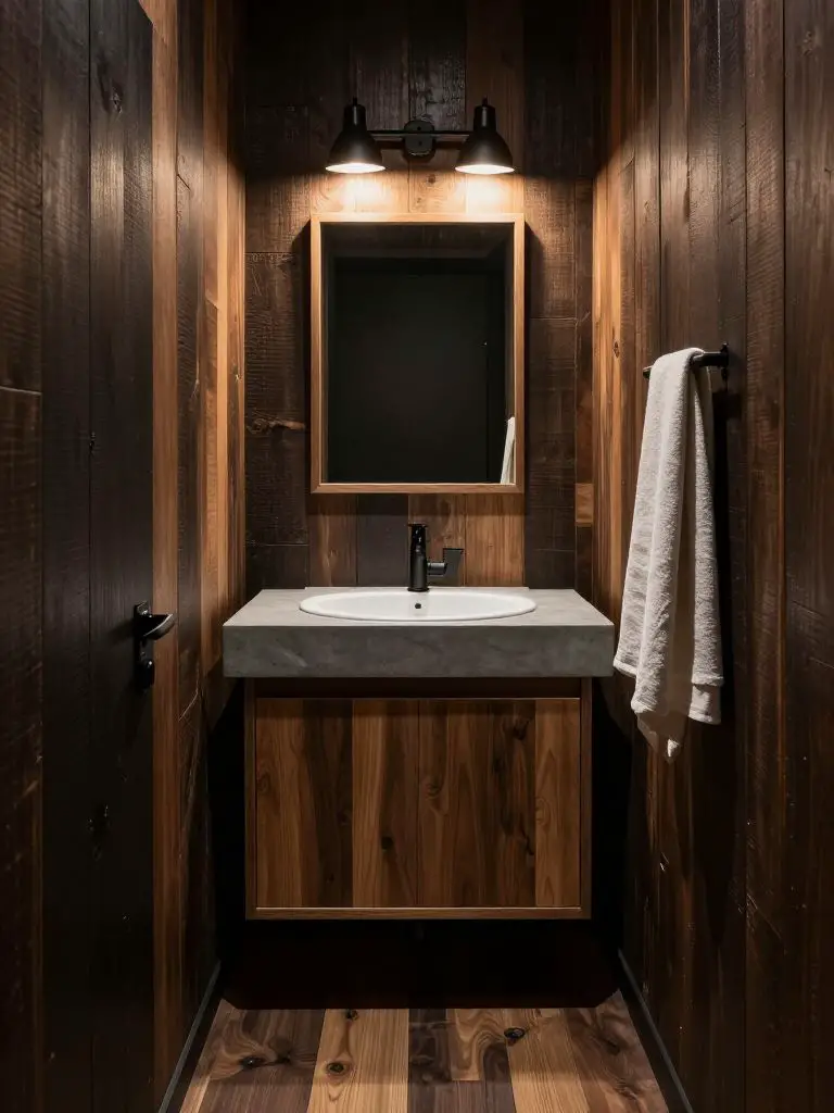 A moody modern rustic powder room wrapped in dark reclaimed wood plank walls and matching wood-look flooring.