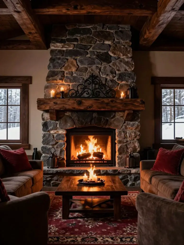 A moody rustic mountain lodge living room anchored by a grand stacked-stone fireplace with a thick reclaimed wood mantel and wrought iron ac.