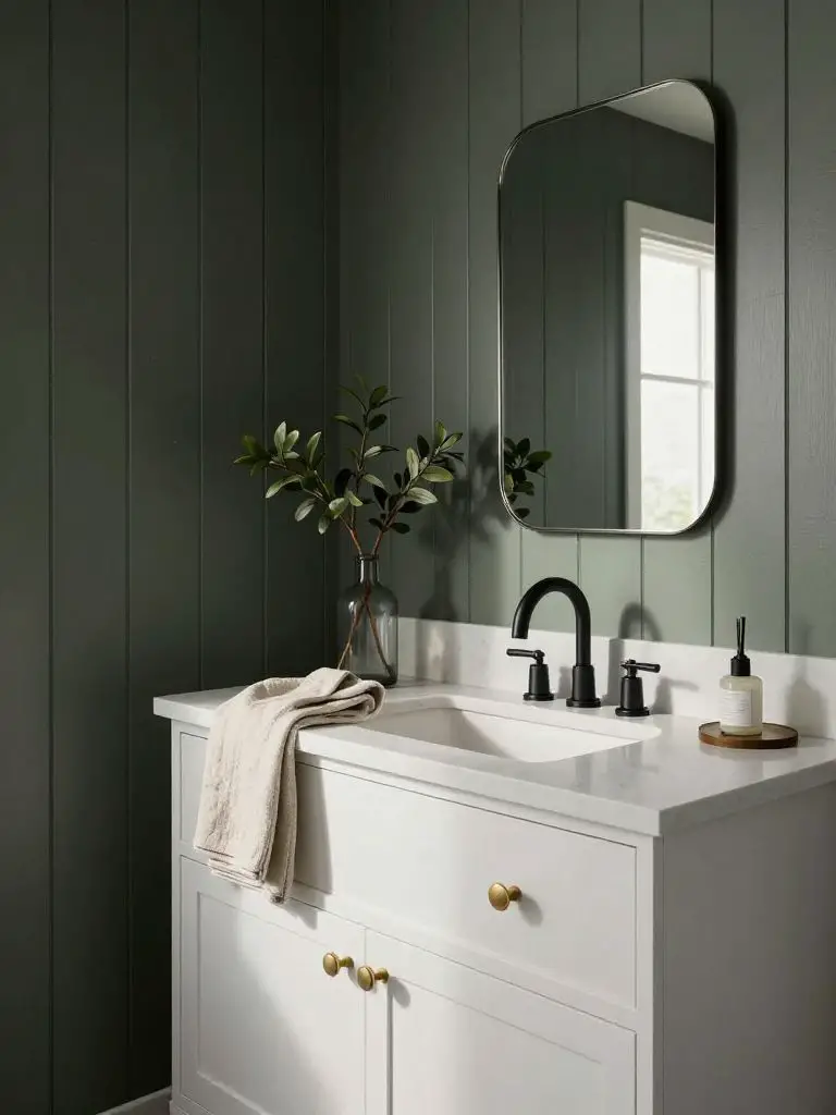 A dark sage shiplap bathroom featuring vertical wood paneling in a charcoal-leaning sage tone.