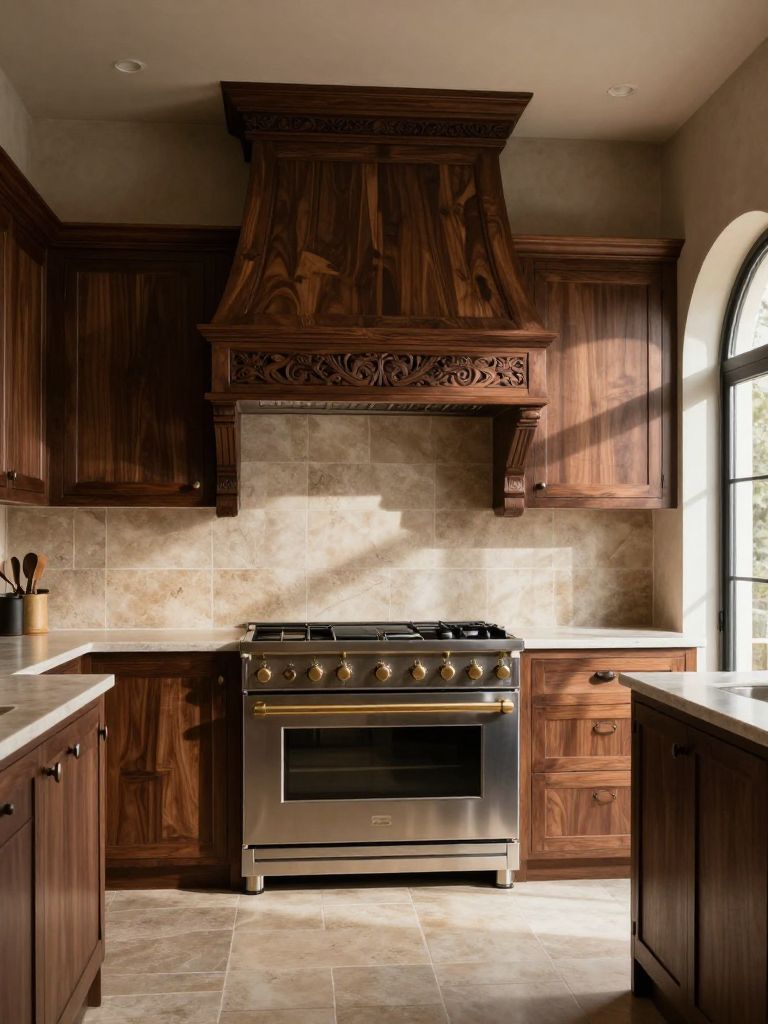 A dramatic earthy kitchen featuring deep walnut cabinetry and an ornate carved wood range hood as the hero focal point centered above a stai.