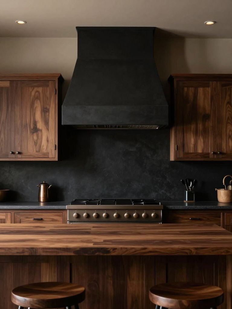 A dark wood earthy kitchen with a matte black plaster range hood and deep walnut cabinetry.