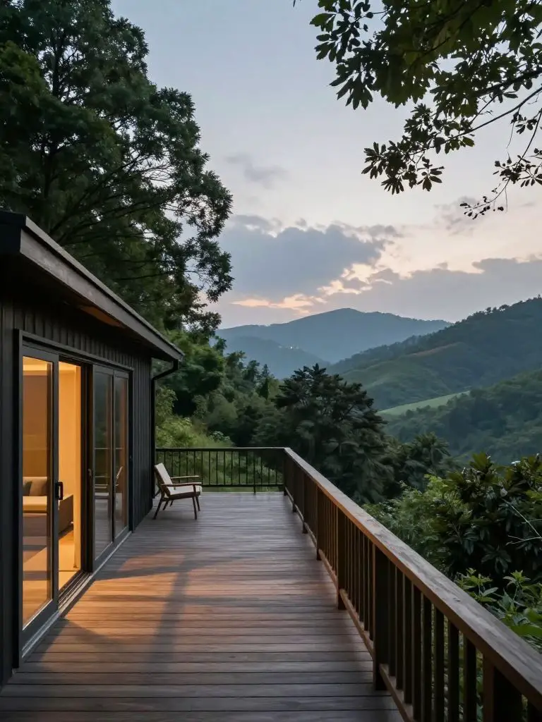 A serene off-grid cabin deck overlooking rolling forested hills and distant mountains.