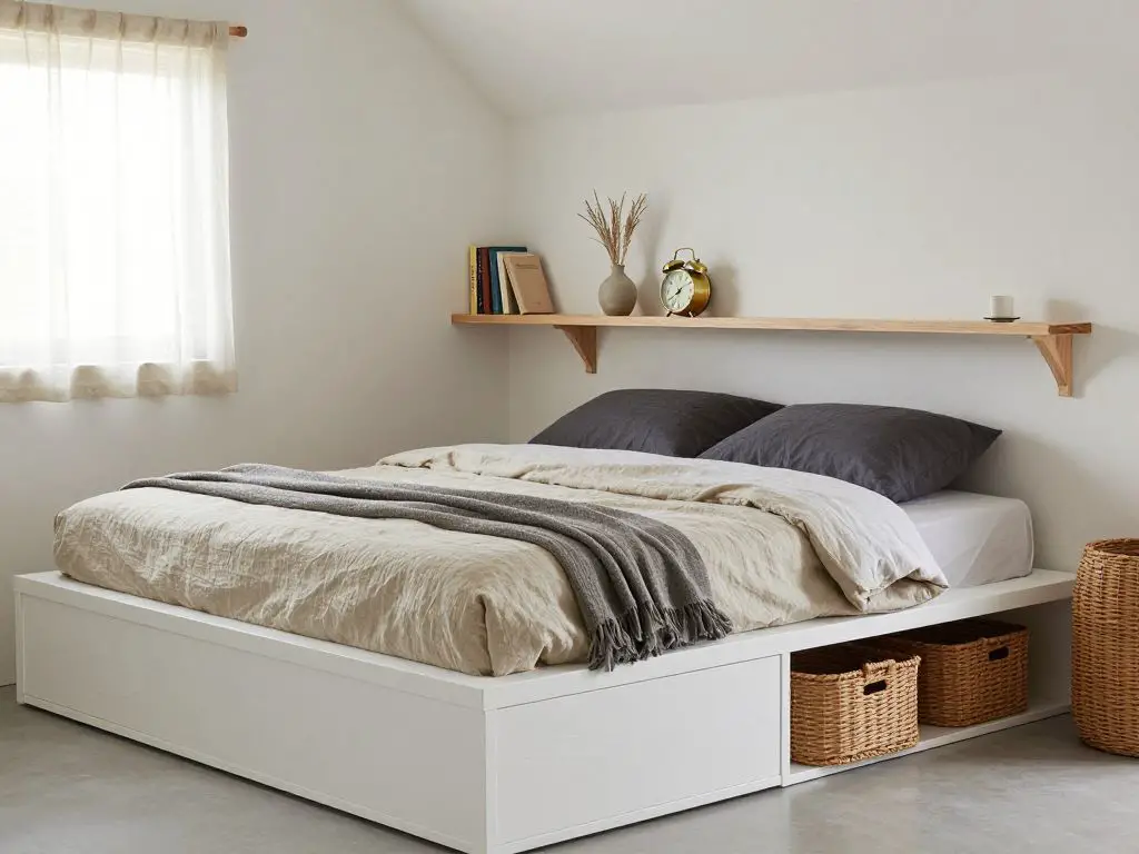 Interior photograph of a minimalist bedroom in a tiny off-grid cabin, showcasing intentional downsizing with built-in storage and multi-func.