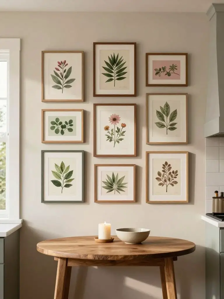 A modern farmhouse kitchen renovation showcasing a curated gallery wall arranged above a small wooden accent table.