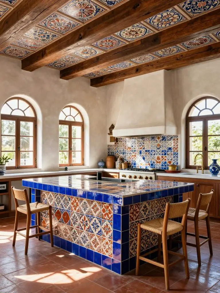 A Mexican Hacienda kitchen featuring decorative patterned ceiling tiles inset between dark reclaimed wood beams, adding intricate visual int.