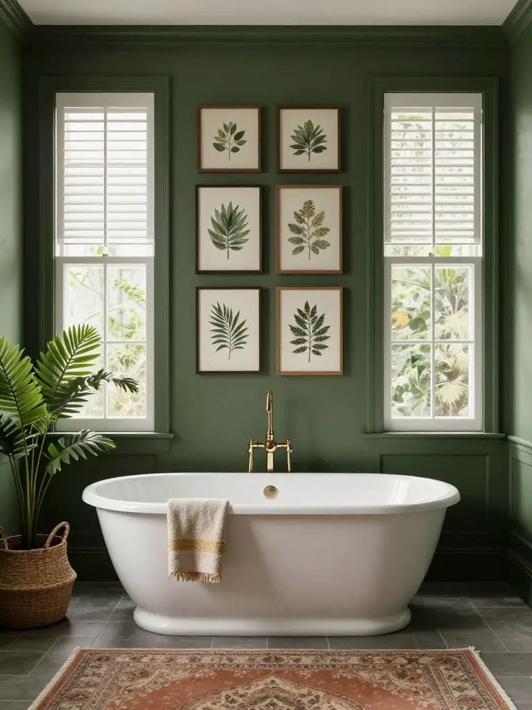 A deep forest olive bathroom with dramatic wall color and gallery-style framed botanical art above a white freestanding tub.