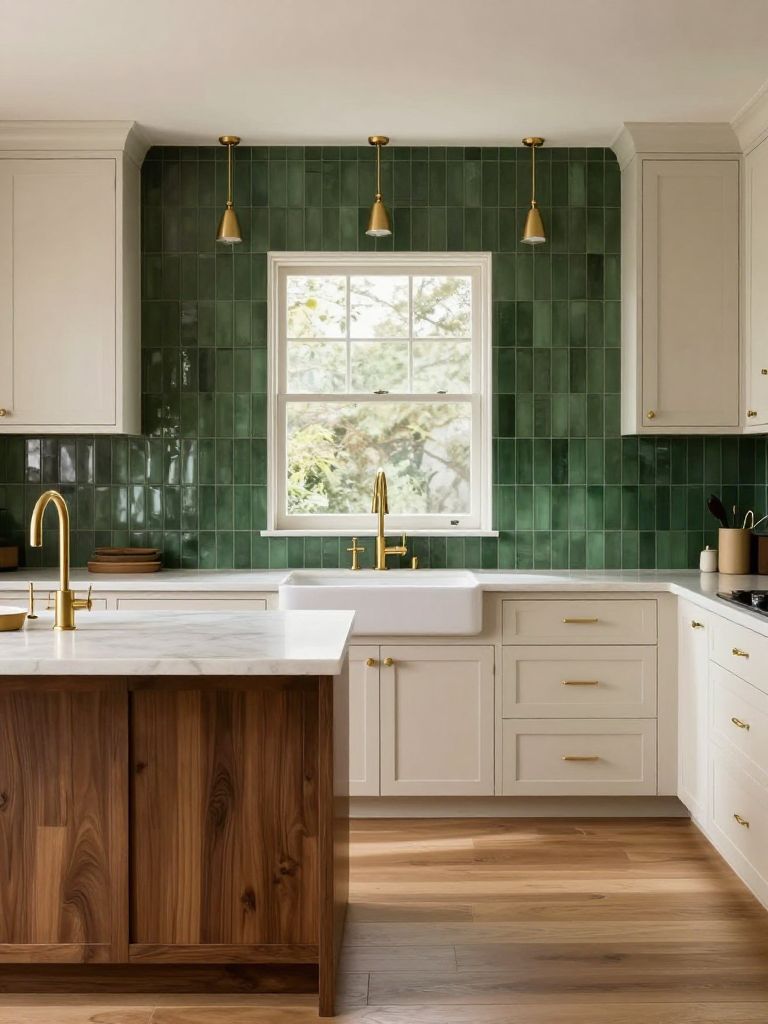 An earthy kitchen defined by a deep forest green vertical tile backsplash paired with creamy off-white cabinets and warm wood flooring.