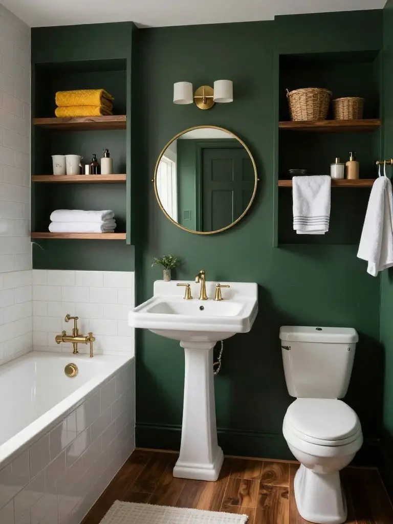 A functional dark green family bathroom with deep painted walls and built-in open shelving integrated beside the toilet.