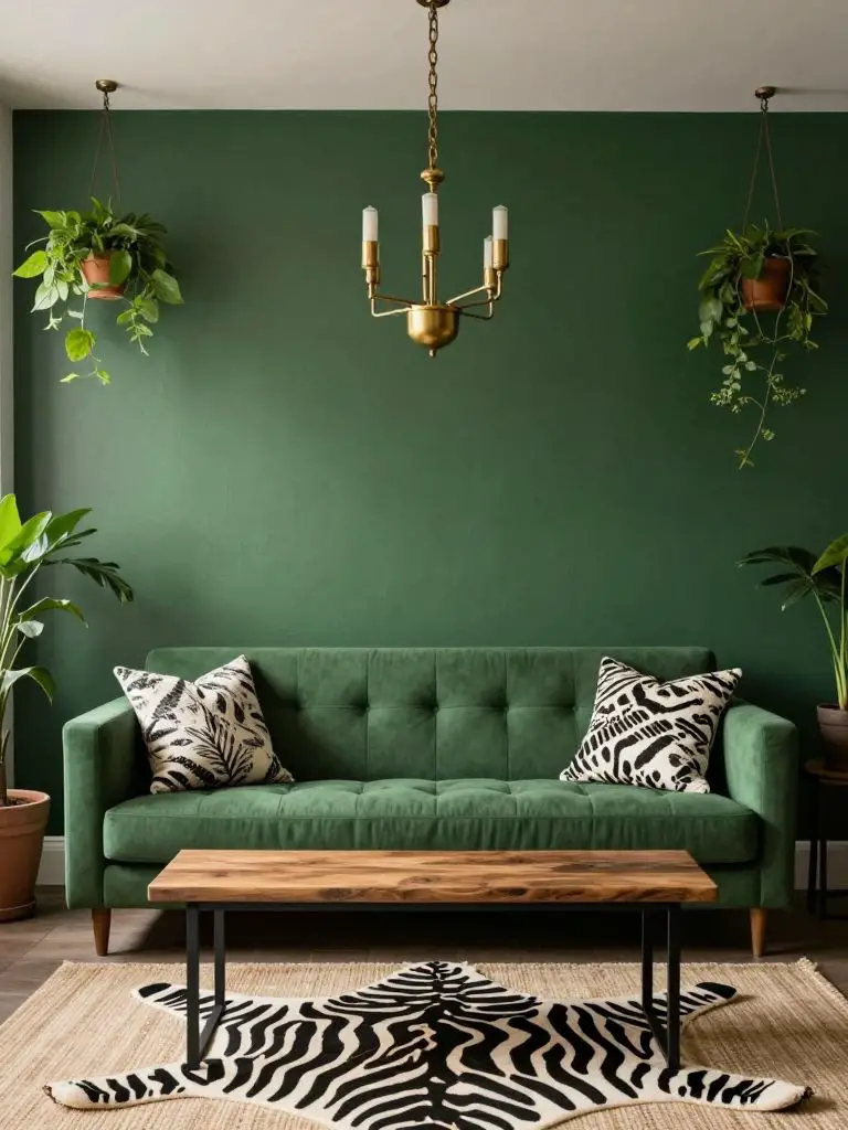 An eco friendly living room with a bold deep-green painted wall using low-VOC paint.