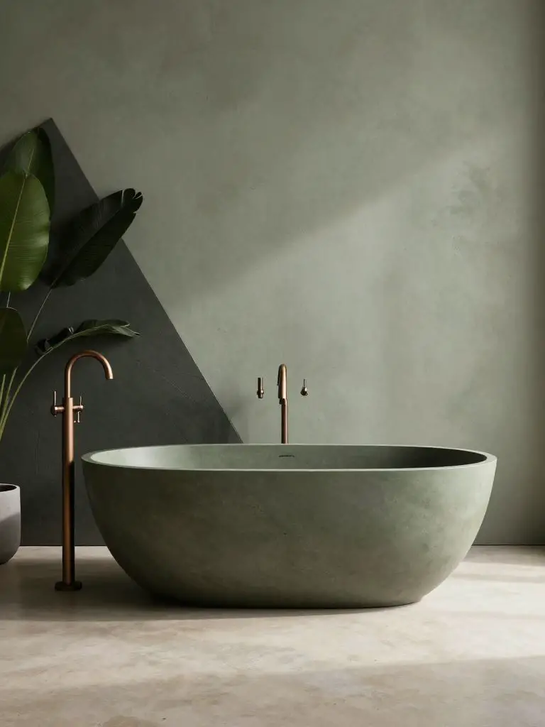A dramatic freestanding oval bathtub in matte olive-sage stone positioned against a minimalist sage plaster wall.
