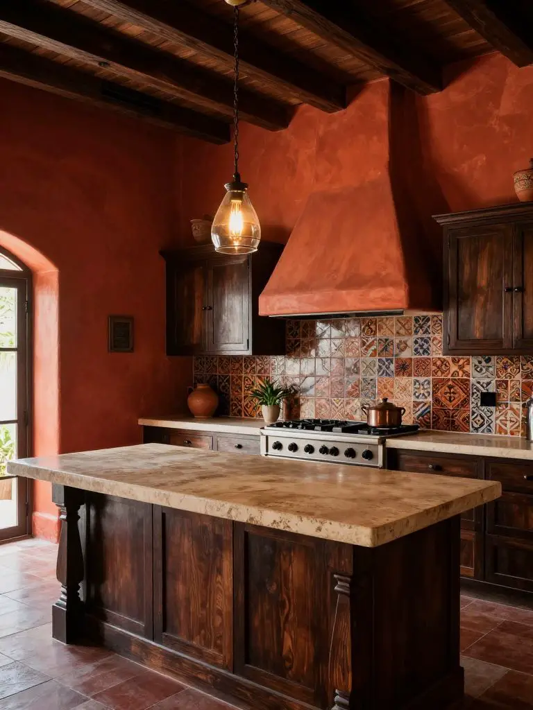 A moody Mexican Hacienda kitchen with deep terracotta plaster walls in burnt orange and clay red tones, contrasted by dark stained wood cabi.