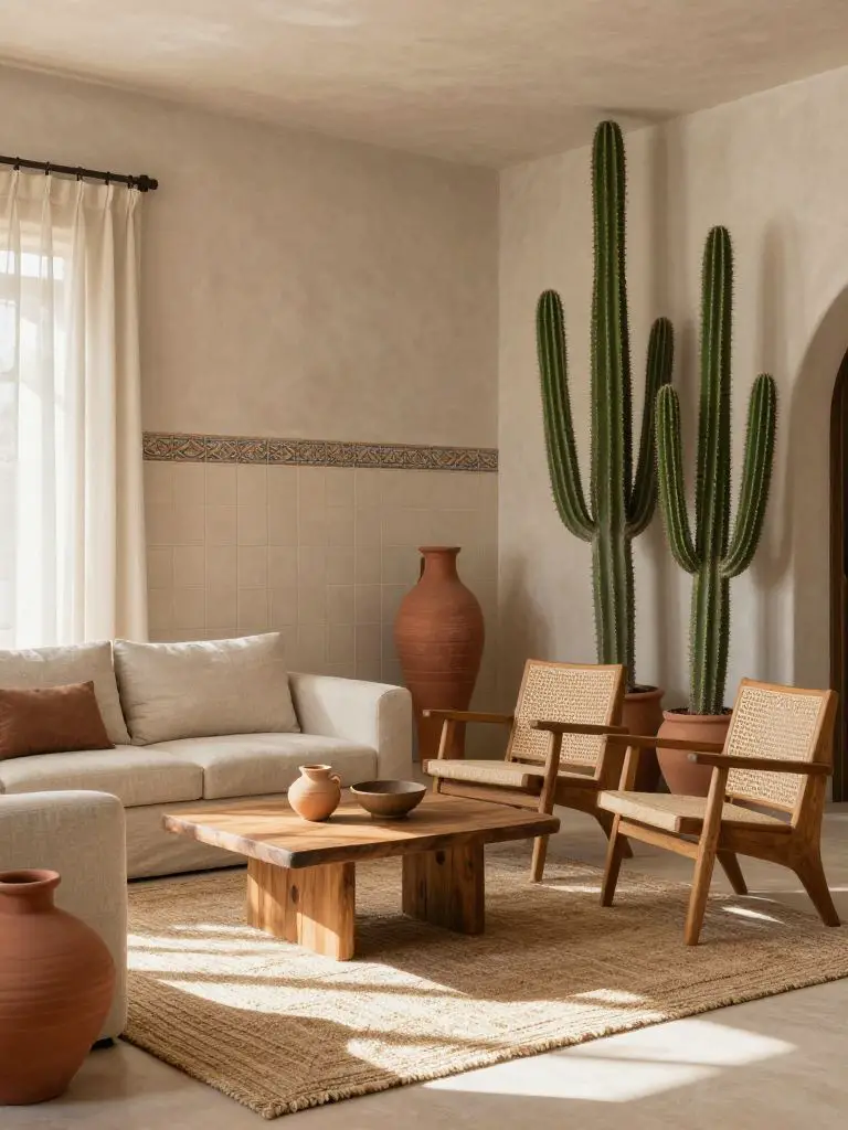 A desert-inspired Mexican living room featuring tall potted cacti as vertical focal points positioned to the right side of the frame.