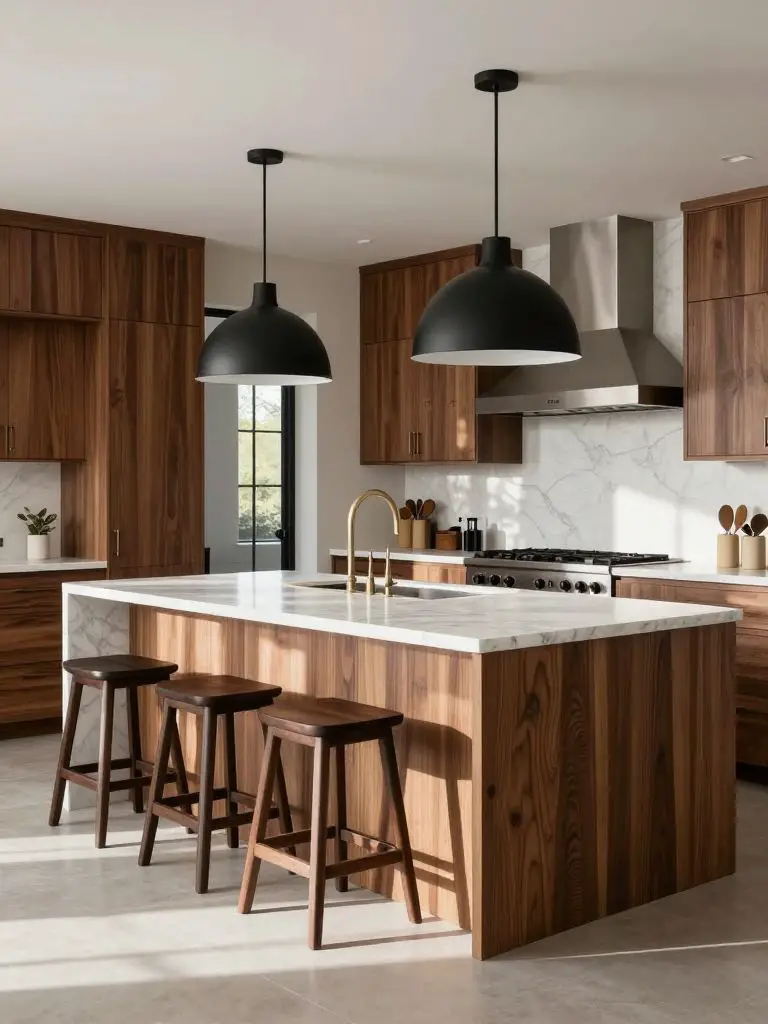 A modern farmhouse kitchen renovation featuring a substantial wood-paneled island with vertical grain detailing and a white marble-look quar.