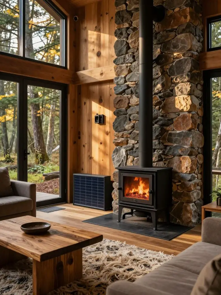 Document a hyper-, photograph of a bespoke off-grid modern cabin interior, featuring a compact living area with a wood-burning stove set aga.