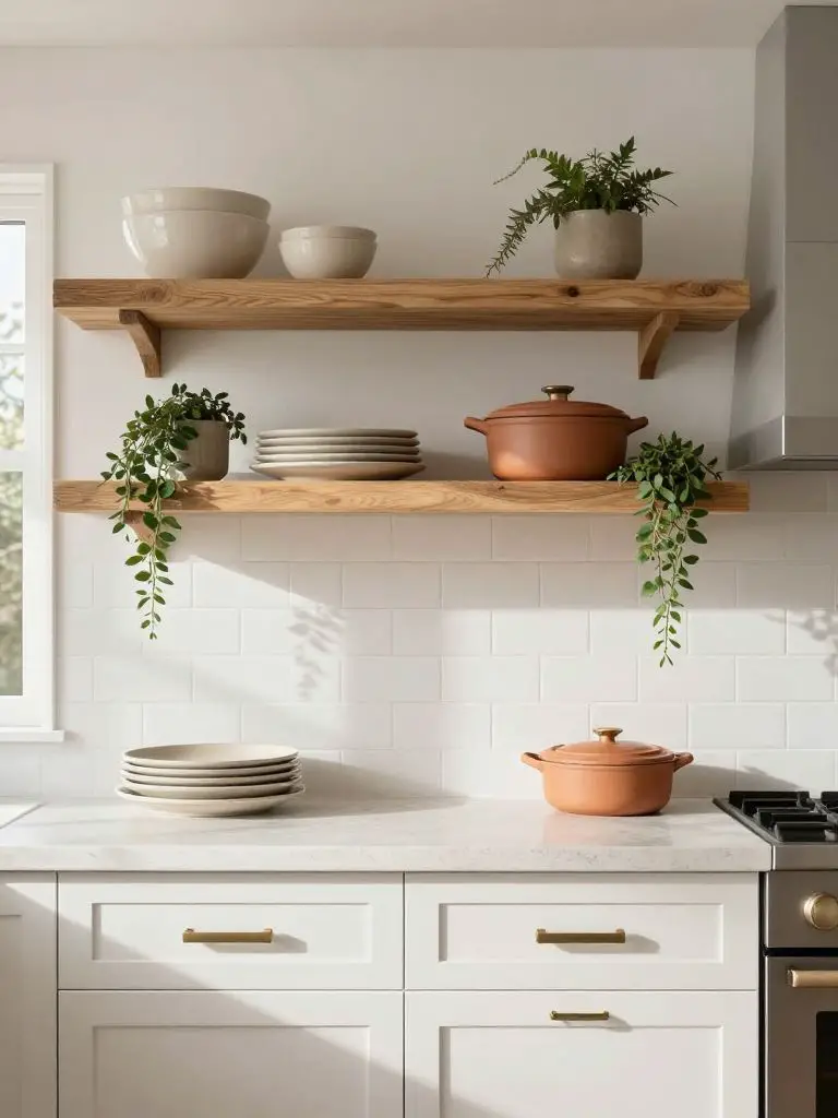 A modern farmhouse kitchen renovation scene centered on floating reclaimed oak open shelves mounted against a soft white subway tile backspl.