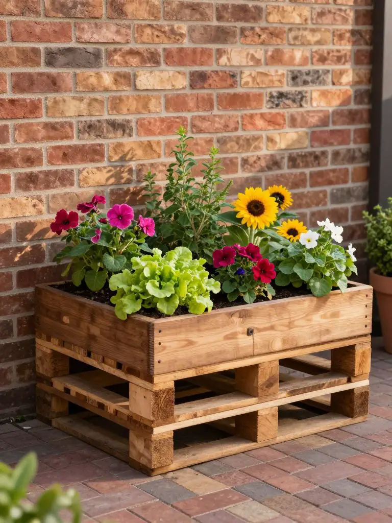 A DIY raised pallet planter garden designed for a small backyard patio.