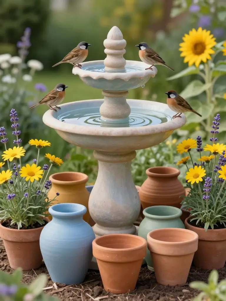 A whimsical garden vignette featuring a tiered bird bath created from stacked terracotta and painted clay pots in muted blue, mustard, and s.