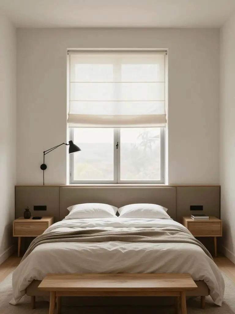 A serene warm minimalist bedroom with Scandinavian influence, featuring a low-profile bed dressed in soft white linen and layered taupe and.