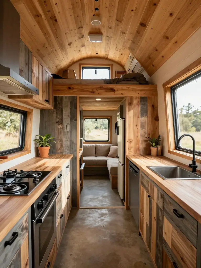 A double galley off grid tiny house kitchen opening into a compact loft lounge, styled in warm modern rustic design.