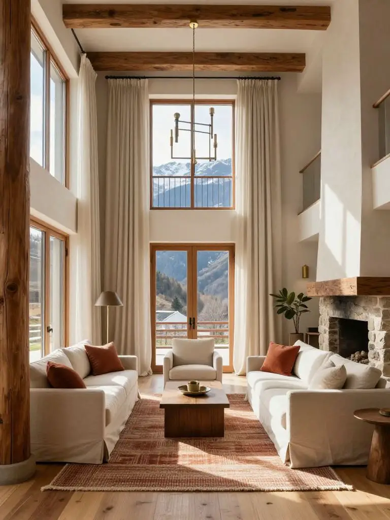 An elegant mountain cottage interior with double-height ceilings and full-length linen drapery framing wood-framed balcony doors.