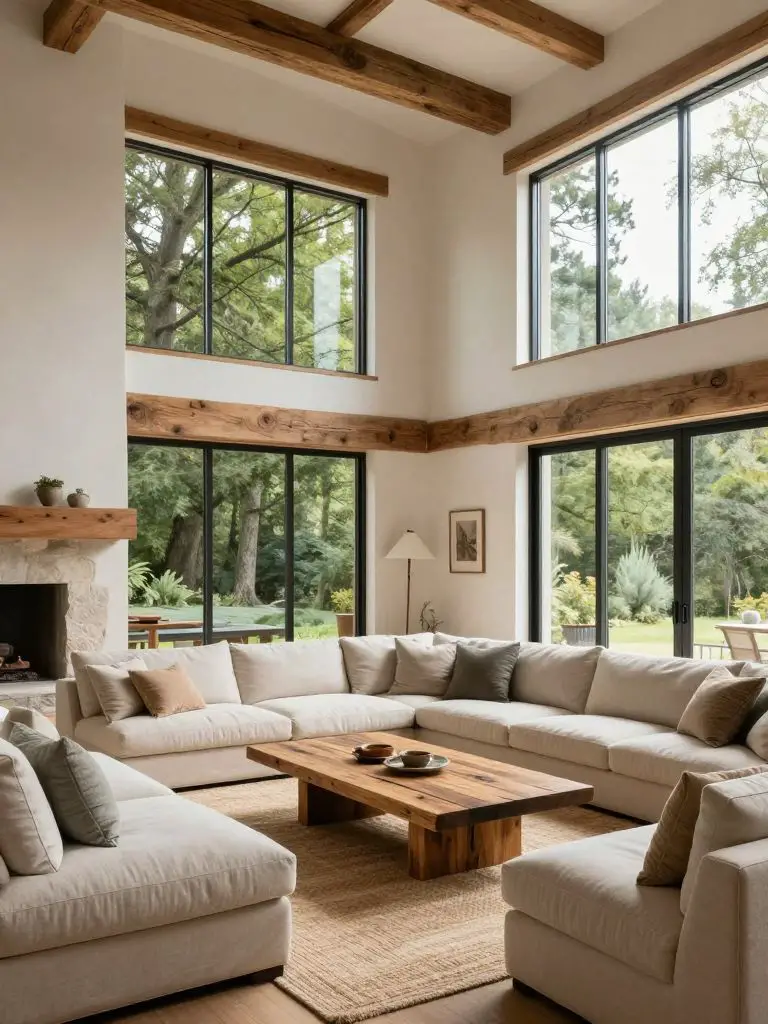 A double-height modern rustic living room with oversized timber beams framing expansive floor-to-ceiling windows.