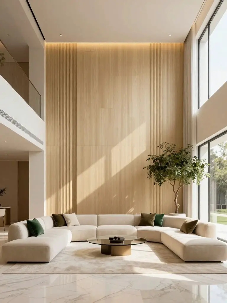 A luxurious double-height stylish minimalist living room with soaring ceilings and a dramatic vertical feature wall in warm golden beige.