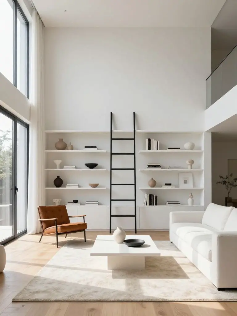 A double-height stylish minimalist living room showcasing a dramatic wall of built-in white shelving with a slim black ladder as the archite.