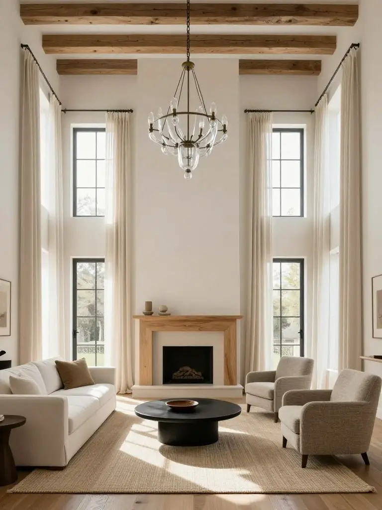 A dramatic double-height minimalist living room in Warm Modern Rustic style with soaring white walls and exposed timber beam.