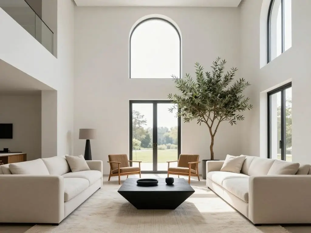 A double-height minimalist living room blending Warm Minimalist and Contemporary design, centered around a bold geometric matte black coffee.