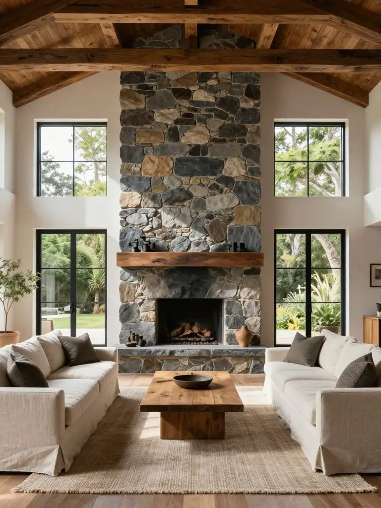 A dramatic double-height modern rustic living room featuring a floor-to-ceiling slate stone fireplace wall and expansive black-framed window.