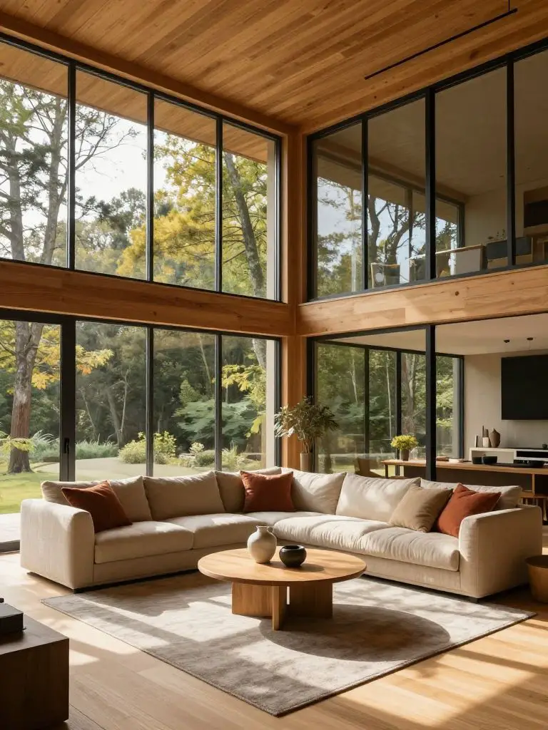 A dramatic double-height Scandinavian and Japanese design style living room with floor-to-ceiling grid windows overlooking a lush forest lan.