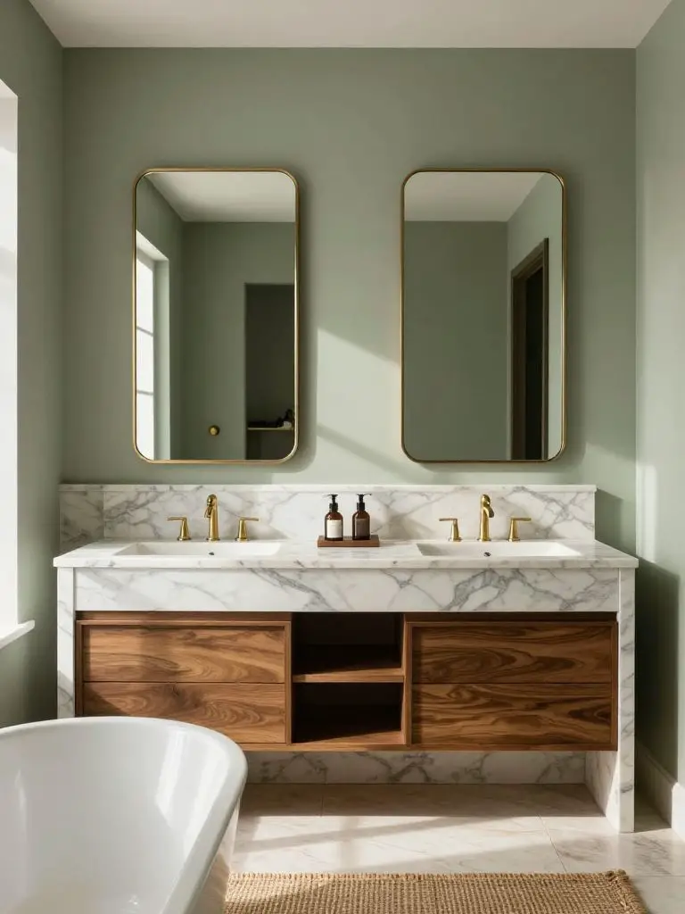 A luxurious double vanity clad in bold white and gray marble with sage-painted upper walls and matching framed mirrors.
