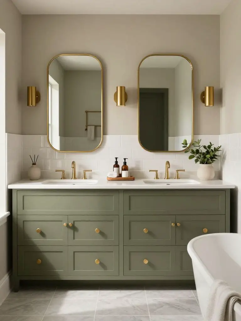A double sink olive green vanity in a refined Modern Rustic bathroom setting.