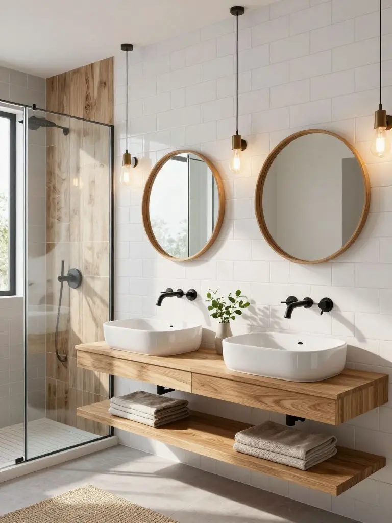 A bright modern rustic bathroom featuring a floating oak vanity with dual white vessel sinks and round wood-framed mirrors mounted on white.