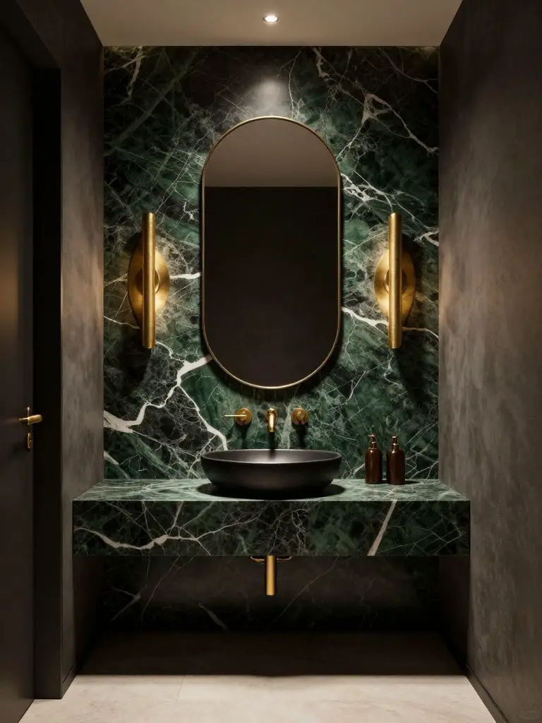 A dramatic modern luxury bathroom featuring a dark green marble vanity wall with bold white veining and matte charcoal side panels.