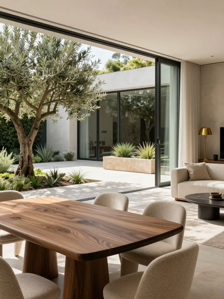 Document the open-plan living room of a dream house enveloped by modern greenery, where the foreground boasts a sculptural, solid walnut din.