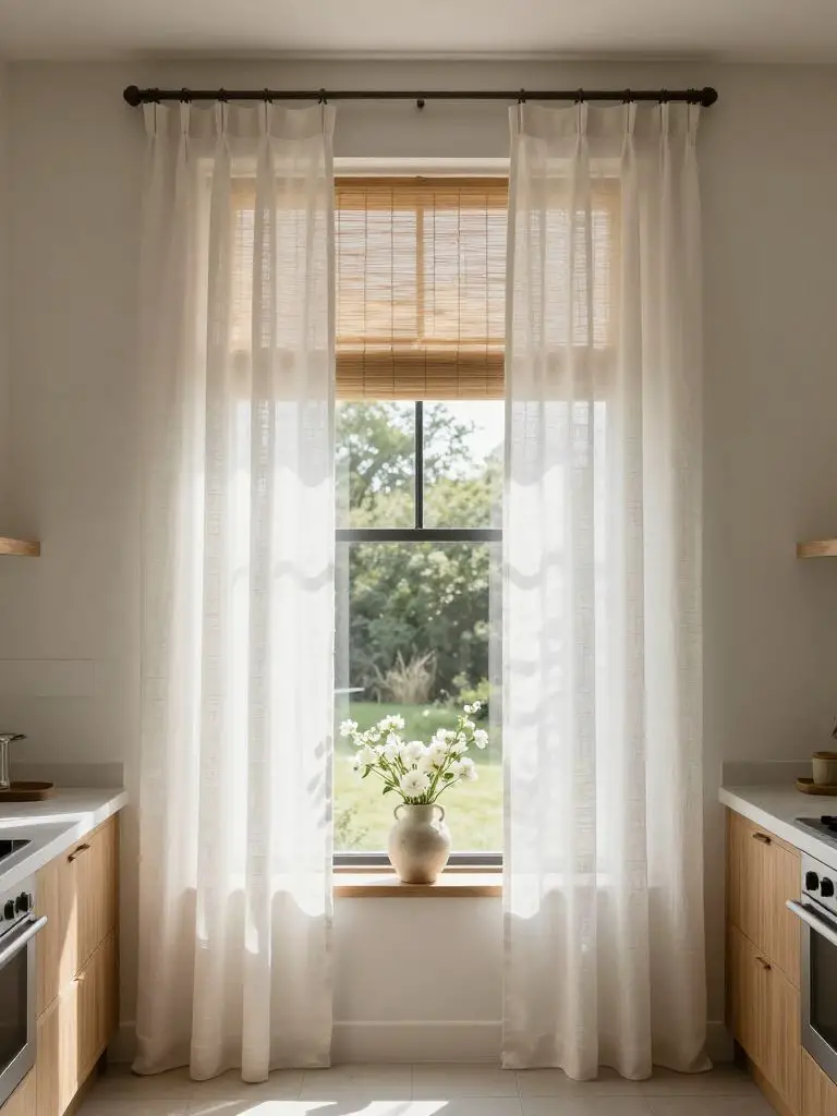 A modern farmhouse kitchen renovation focusing on a tall window dressed with sheer white linen curtains layered over woven bamboo shades.