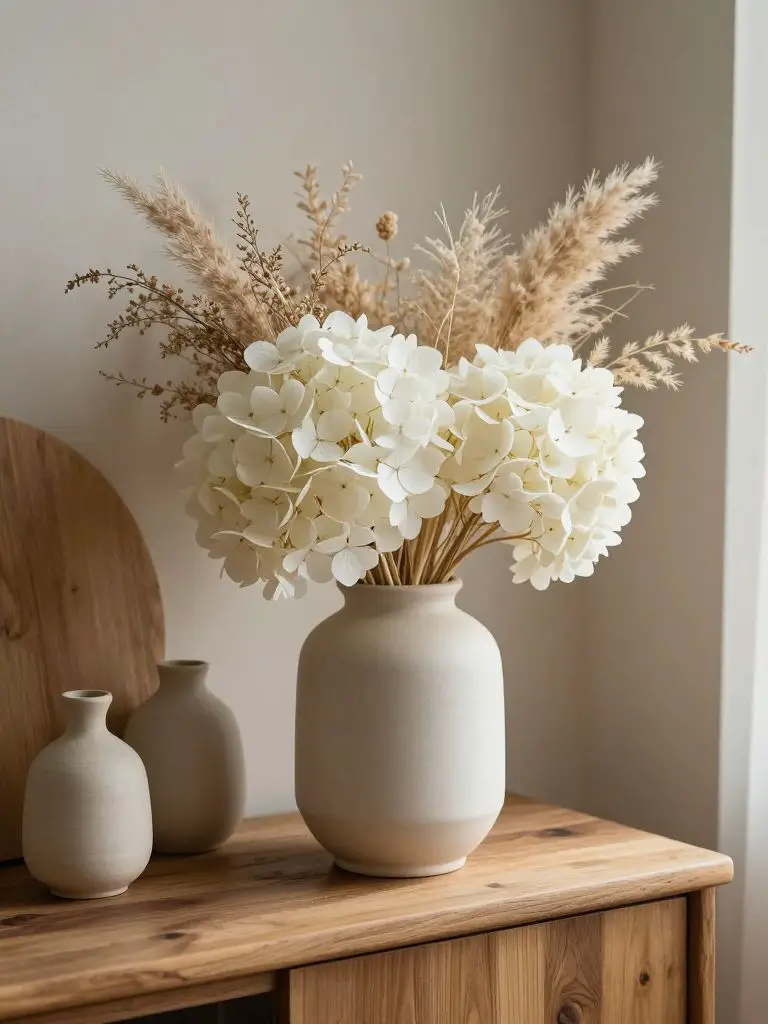 A close-up styling vignette highlighting eco friendly dried floral arrangements.