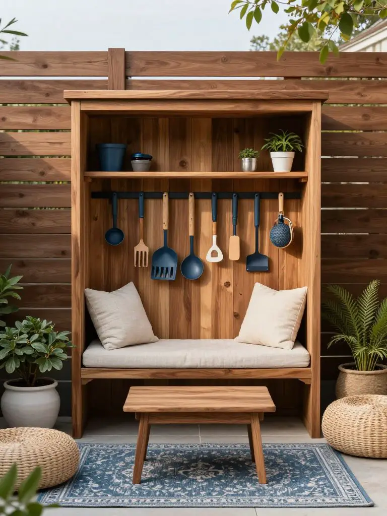 A multifunctional small backyard nook combining storage and seating in Modern Rustic style.