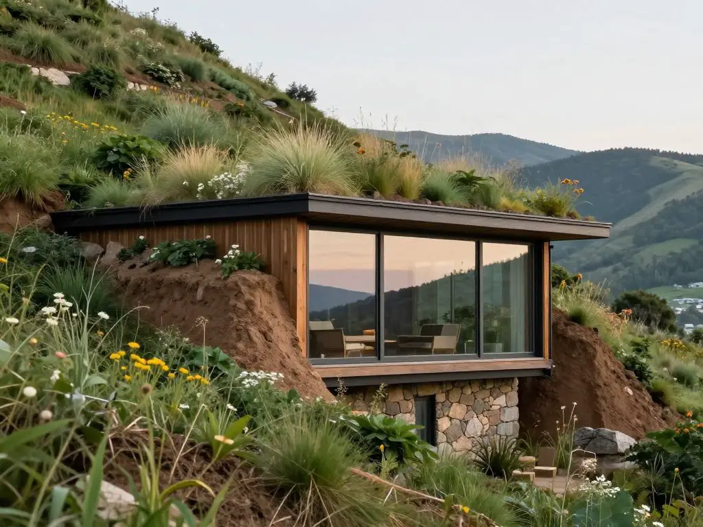 exterior photograph of earth-sheltered cabin built into hillside, green roof with native grasses and wildflowers, large glass facade facing.
