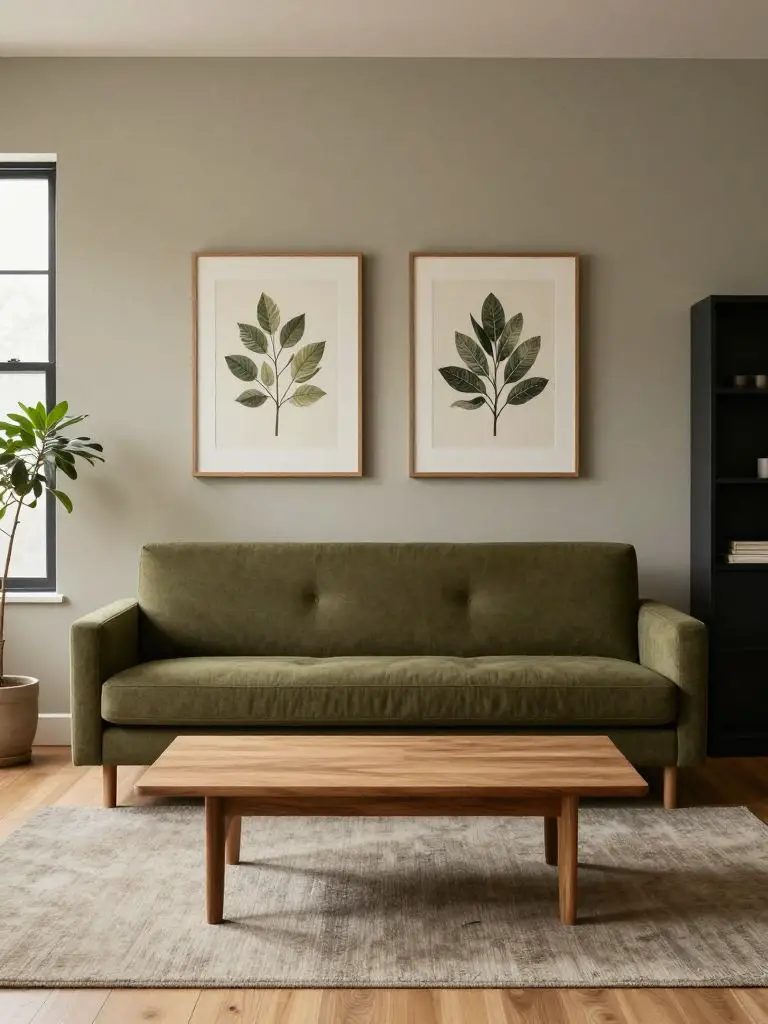 An earth-toned sustainable living room anchored by a deep olive upholstered sofa centered against a monochromatic sage wall.
