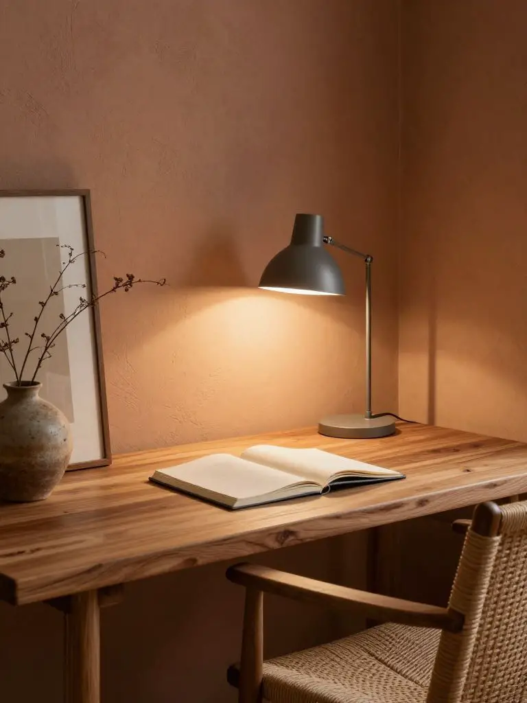 An earth-toned Scandinavian Japanese writing nook featuring a rustic oak desk positioned against a warm clay-textured plaster wall.